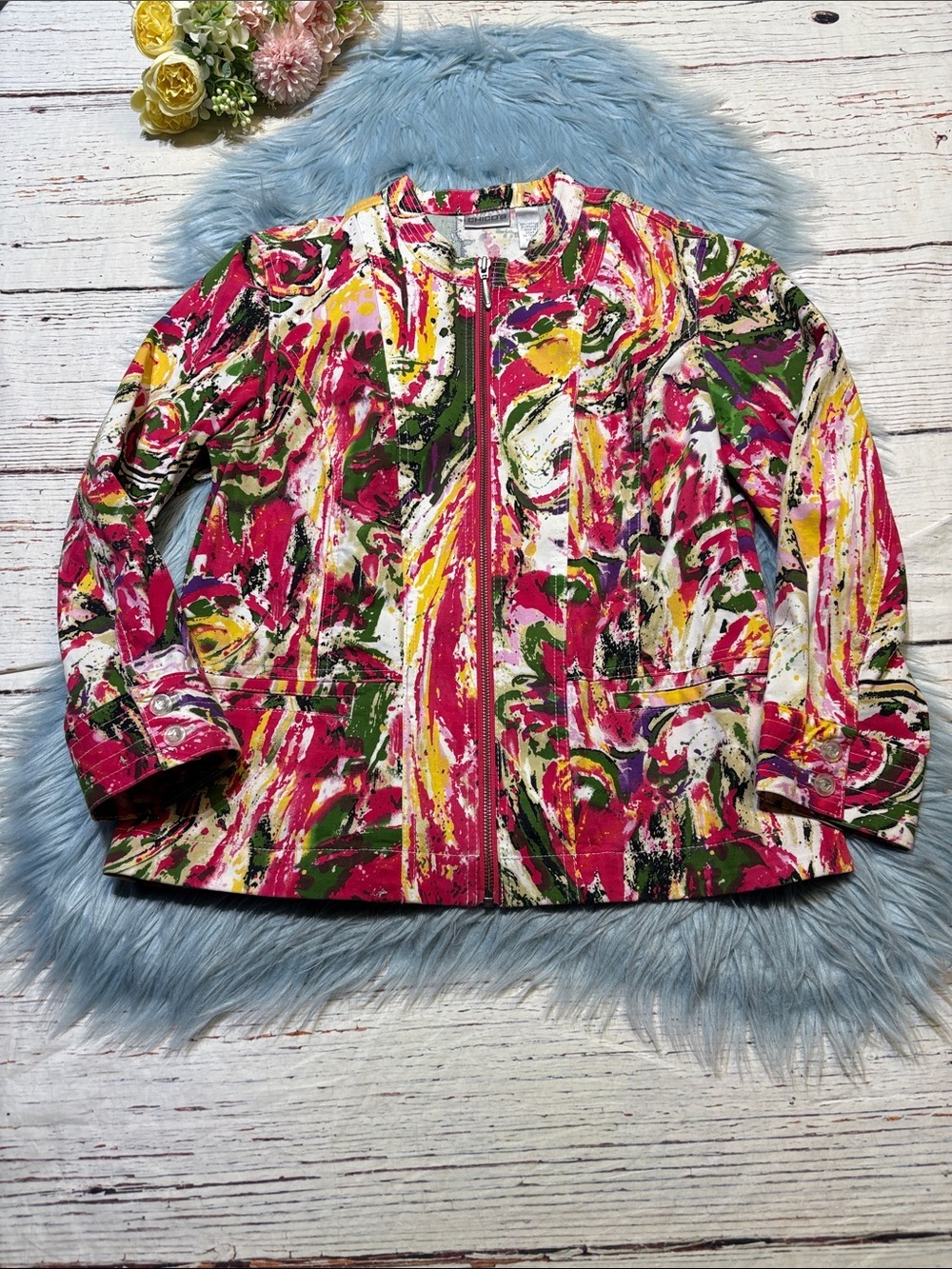 Chico’s Vibrant Pink Multi-Color Women's Zip-Front Jacket sz M